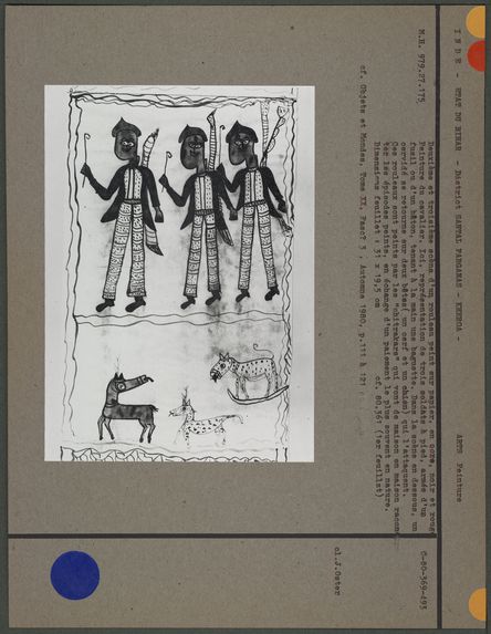 Deuxième et troisième scène d'un rouleau peint sur papier : trois soldats à pied, armés