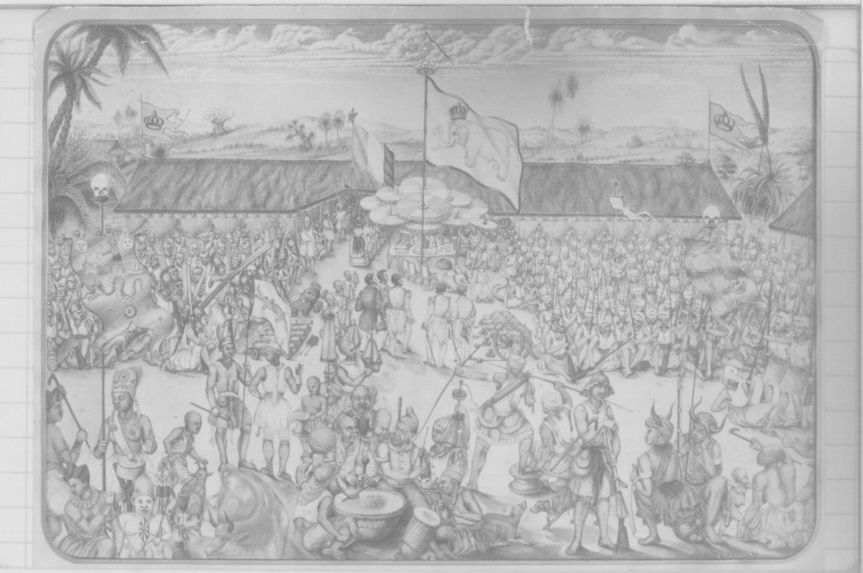 &quot;Ghézo roi du Dahomey reçoit le Lieutenant de Vaisseau Vallon et son état-major dans sa résidence d'Abomey le 17 octobre 1856&quot