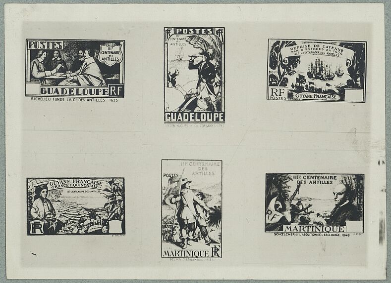 Sans titre [reproduction de six timbres postes célébrant le troisième centenaire de la création de la Compagnie des Antilles]