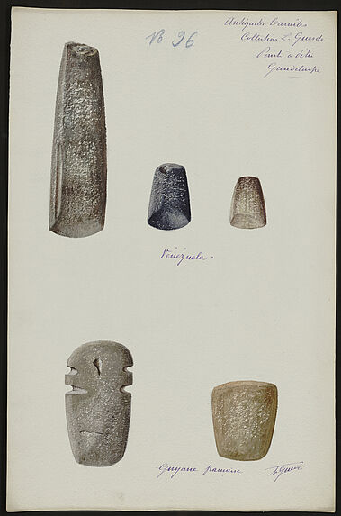 Antiquités Caraïbes. Collection L. Guesde. Pointe à Pitre. Guadeloupe. Vénézuela. Guyane française [cinq objets]