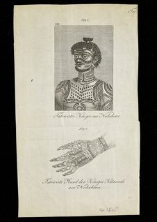 Tatowirter Krieger aus Nukahiwa. Tatowirte Hand der Königin Katanuäh aus…