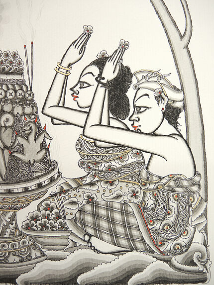 Dessin figurant l'illumination de Watugunung par Saraswati