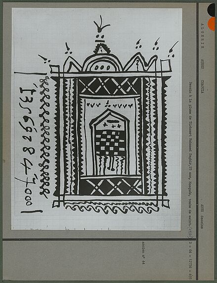 Dessin à la plume de Tirhzert Mohamed Seghir, 25 ans, mosquée, tombe de saint (1936)