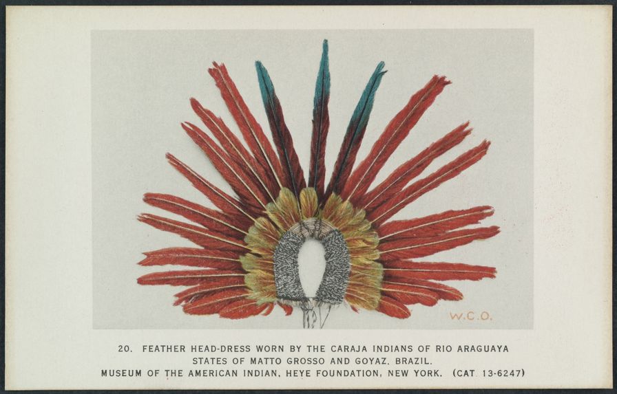 Feather head-dress worn by the Caraja Indians of Rio Araguaya