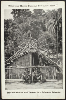 Head-hunters and house, Ugi, Solomons Islands