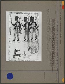 Deuxième et troisième scène d'un rouleau peint sur papier : trois soldats à…