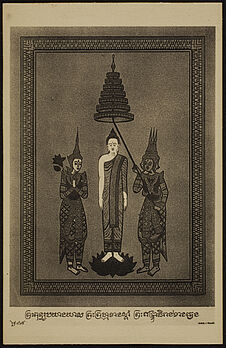 Le Bouddha descend du ciel entre Indra et Brahma