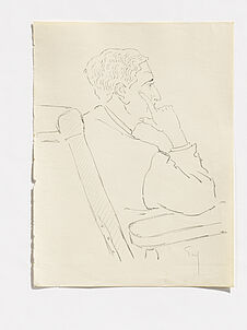 A man, resting his chin on his hand  [un homme appuyant son menton sur sa main]